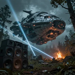 a giant megastructure spaceship wrecked and lost in the forest, a small fire in the distance, powerful laser light and large festival sound system on the left close to the camera, detailed digital art by greg rutkowski.