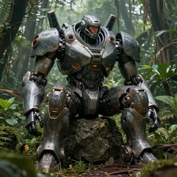 A concept art of an armored giant robot with a human pilot in a sitting in a stone in the jungle, highly detailed scifi film color palette, ridley scott film, cinematic lighting, trending on artstation, volumetric lighting, style inspired by Ian McQue and Sparth and Feerikart, hyper realistic