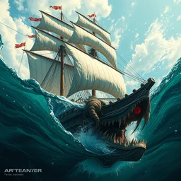 if a sailing ship was a biological predator on the hunt, by moebius and frazetta, trending on artstation, masterpiece, brilliant illustration, hyper detailed, close up, seen from below, 3 d, cinematic, octane render, 4 k, unreal engine