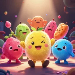 happy cute friendly fun playing tutti frutti characters, pixar, digital, vivid, hyperdetailed