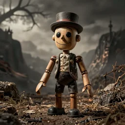 hyper realistic photography of horror ventriloquist with wooden puppet