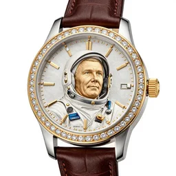 watch, portrait of gagarin on the dial, gagarin, gagarin engraving, custom watc, gold silver, diamond, brilliant, super detailed, photorealistic, 8 k white background
