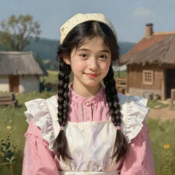 a sadly smiling black haired, young hungarian village maid from the 19th century who looks very similar to (((Lee Young Ae))) with a two french braids, pastel colours, detailed, painting by Rembrandt, Csók István, Louise Élisabeth Vigée Le Brun and da Vinci