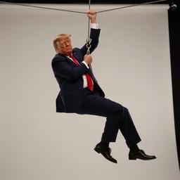 movie still of donald trump in mission impossible hanging from a cable, cinematic, high detail, studio lighting
