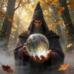 fantasy matte painting of mighty wizard holding with clear glass fresnel ball in the sunshine autumn forest, falling autumn leaves are reflected in the ball, foggy bottom, god rays, ultrasharp, art by john berkley, clyde caldwell, gustave dore detailed, cinematic