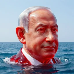 a giant benjamin netanyahu head, sculpture made out of juicy and transparent red jelly in the sea, long shot, hyper detailed, hyper realistic, ray tracing, 8 k resolution, sharp focus, realistic water, award winning