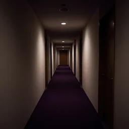 inside of a dark liminal space hallway of a kowloon apartment, dark lighting, dark purple carpet, endless hallway, the back rooms