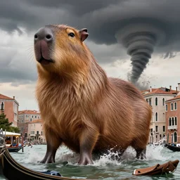 a massive 70 meter tall capybara causing mayhem in the city of venice, there is a tornado in the background, realistic digital art