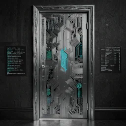 door to enlightenment by jeffrey smith and wlop and gustave dore, featuring rhodium wires, circuitry, code, binary, cryptonomicon, dmt entity, ambient occlusion, 3 d concept render, scientifically accurate, artstation, intricate, beautiful, look at that detail!