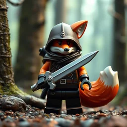 a medieval anthropomorphic fox assassin with a fluffy tail in the forest, lego minifigure