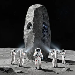 a beautiful artwork illustration, astronauts with flashlights stand in front of a giant obsidian monolith on the moon, by greg rutkowski and jesper ejsing and raymond swanland, featured on artstation, wide angle, vertical orientation