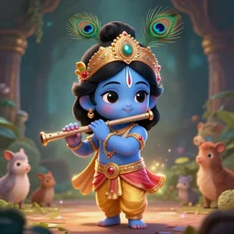 little lord krishna, wearing a peacock feather on his crown, holding flute in one hand, structured hand, cute face, focus, full body, animals in the background, anime, chibi, illustration, concept art trending on artstation, devainart, clear face, cinematic lighting, atmospheric, magical effect, glowing effect, hd, hyperdetailed, hyperreal
