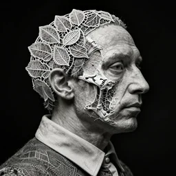 a man's face in profile, wearing a collared shirt, made of intricate decorative lace leaf skeleton, in the style of the dutch masters and gregory crewdson, dark and moody