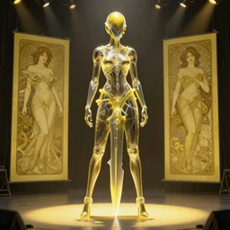 a full body character design by artgerm, cushart krenz, greg rutkowski and alphonse mucha. sci - fi dagger. yellow tape project show attctive showgirl!! full body with helmet!! sharp edge. ultra clear detailed. contour light effect!! 8 k. stage light. ultra detailed, elegant, intricate, octane render.
