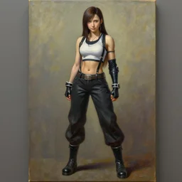 a fullbody oil on canvas portrait of tifa from final fantasy 7 remake, trending on artstation, on canvas, very detailed, 8k, painted by leonardo davinci, full legs, fully clothed, detailed face, masterpiece