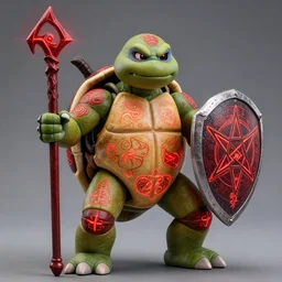 an evil tmnt with glowing red arcane runes painted on his shell, dressed like a cleric, holding a pentagram shield, award - winning 4 k photograph