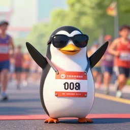 a wholesome animation key shot of a penguin winning a marathon at the finish line, wearing sunglasses, medium shot, waist up, pixar and disney animation, sharp, rendered in unreal engine 5, anime key art by greg rutkowski, bloom, dramatic lighting