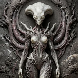 happy female alien, tubular creature, blood vesels, no face, dystopian surrealism, artstyle alex ries and zdzisław beksinski, symmetry accurate features, very intricate details, hres, 4 k, naraka buddhist demon korean female, symmetrical long head, smooth marble surfaces, detailed ink illustration, raiden metal gear, cinematic smooth stone, deep aesthetic, concept art, post process, carved marble texture silk cloth, latex skin, highly ornate intricate details, in the style of 8 8 grzes