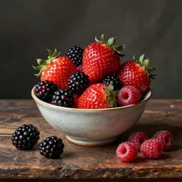 still life of a bowl of berries. strawberries, blackberries, raspberries. art by maria sibylla merian