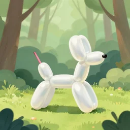 illustration of a shiny balloonanimal in a soft forest, naturalism, realistic
