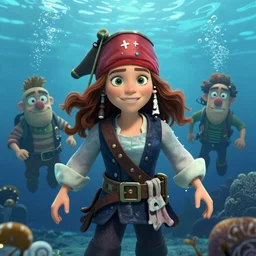 underwater pirate portrait of emma stone, pixar style, by tristan eaton stanley artgerm and tom bagshaw.