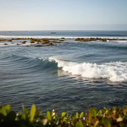 small perfect reef point wave breaking in shallow clear water directly in front of the tilt shift camera view hollister ranch offshore winds kelp islands on horizon oil dereks on horizon late afternoon fall time central california