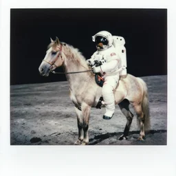 horse wearing white spacesuit turned into horse astronaut, polaroid color vintage photoshoot on the moon, nasa realistic 8 k documentary