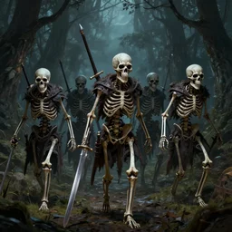 a group of dangerous skeletons armed with swords walking in a forest at night, dnd, fantasy art, very detailed