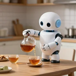 in a cozy kitchen, a cute robot samovar pours tea into cups on the table, realistic light, soft light, focus, depth of field, photorealism, 8 k quality, full quality, realistic style