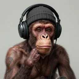 starving, emaciated, ape, headphones and knitted cap, realistic, extremely detailed, sharp focus, wide view, smooth, digital illustration, by james jean, by rossdraws, frank franzzeta, mcbess, sakimichan, brosmin, danton fadeev, steve simpson