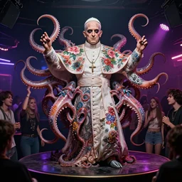 a hideous glob of what looks like a solitary pope, but is actually an atomic explosion, covered in floral tattoos dancing in a radical squid designed nightclub, moulded around a group of teens on drugs. squids emerge from inside their chests.