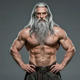 gandalf the grey, shirtless, with huge pecs, 6 pack abs, workout flex