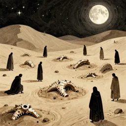 a illustration of market desert with people wearing cloaks, fossil remains buried in the sand, moonlight and stars, intrincate, by moebius, jean giraud & kilian eng h 1 0 2 4