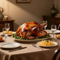 a delicious thanksgiving dinner, dinner table, turkey, greens, macaroni and cheese, dimly lit, product shot