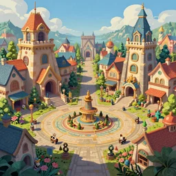 hyper - realistic, colorful, beautiful matte painting of a fantasy town square, trending on artstation