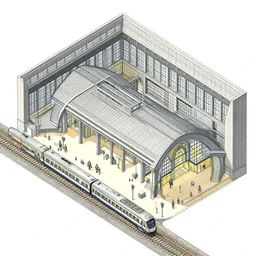 detailed details isometric building interior, train station, with train, and railway, non fiction, in the style of alex ross and moebius