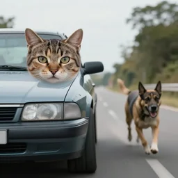 car with cat face looking determined to outpace a following dog, cinematic, car chase