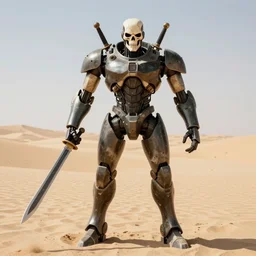 combat android, skeletal face, muscular, swords for arms, military prototype, photography, desert