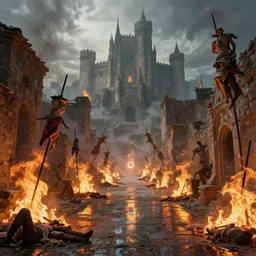 burning ancient city streets with bodies impaled on stakes, a large gothic castle in the background by greg rutkowski craig mullins ross tran mucha levitating lumen reflections matte painting fantasy specular lighting trending on artstation