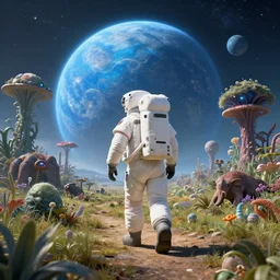 a astronaut walking on a alien planet full of alien plants amd animals with a giant blue planet in the sky, hyperrealistic, octane render, unreal engine 5, 8k hdr, highly detailed, high quality, post processed, calm, beautiful landscape, Ferdinand Knab, concept art