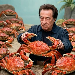 Danny Devito fighting many detailed red crabs
