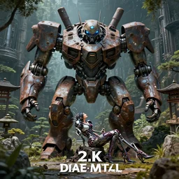 by oka yasutomo and anna dittmann, visually stunning, cinematic, ultra realistic, hyper realism, 1 2 k, epic, octane render, unreal engine, vfx, maya, japanese garden in a space fortress, a huge rusting mech, butch cyborg woman repairs herself, a death metal album cover art