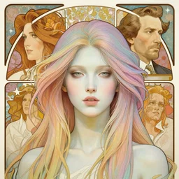head and shoulders portrait of woman, cyberpunk, pale skin, pastel colors, high detail, intricate, rule of thirds, long hairs masterpiece by craig mullins, ruan jia, peter mohrbacher, krenz cushart, norman rockwell, alphonse mucha
