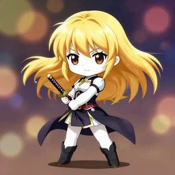 chibi, female, full body, elf girl with white skin holding a katana, golden hair blowing the wind, strong pose, trending art, centered, fate zero, extremely high detailed, bokeh color background, studio ghibly makoto shinkai yuji yamaguchi, by wlop