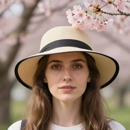 a candid portrait of a european female wearing a hat with sakura on top, naturel, unreal engine rendered