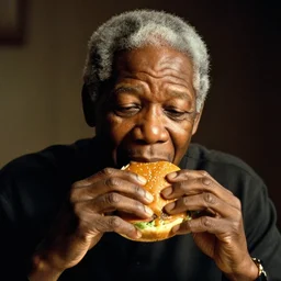 a film still of Morgan Freeman eating a burger, dramatic lighting
