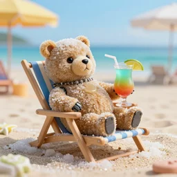 5 5 mm close up photo of an life sized hybrid robot gummi bear, reclining on a chaise chair, drinking a mai tai, at the beach, a beach made from sugar instead of sand. dof. bokeh. by chris foss. sharp focus, highly detailed 8 k. superior quality. lifelike. magical lighting, digital art.