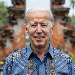 a portrait photo of joe biden wearing batik bali when holiday in bali, perfect faces, sigma 3 5 mm