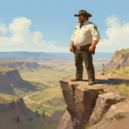 wild west portrait of brawny burly surly sheriff man standing at the edge of a steep sharp cliff extreme drop looking down at the valley, sunny day, digital art by Nerdrum John, William Waterhouse, Winslow Homer, Alex Heywood, Jordan Grimmer, Darren Quach, Greg Rutkowski, Simon Stalenhag, trending on Artstation, CGSociety