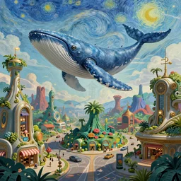 multiversal otherworldly realm with flying mecha whale with chic streets and shops and lush volcanic garden and intricate luxurious scifi homes, allegorical style, by peter mohrbacher and vincent van gogh, beautiful, award winning scenery